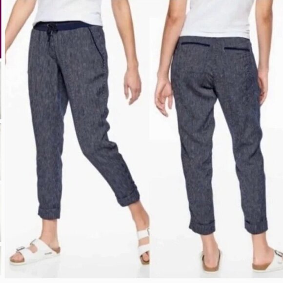 Athleta Stripe Bali Linen Ankle Pant Navy Blue size 10 - Picture 1 of 8
